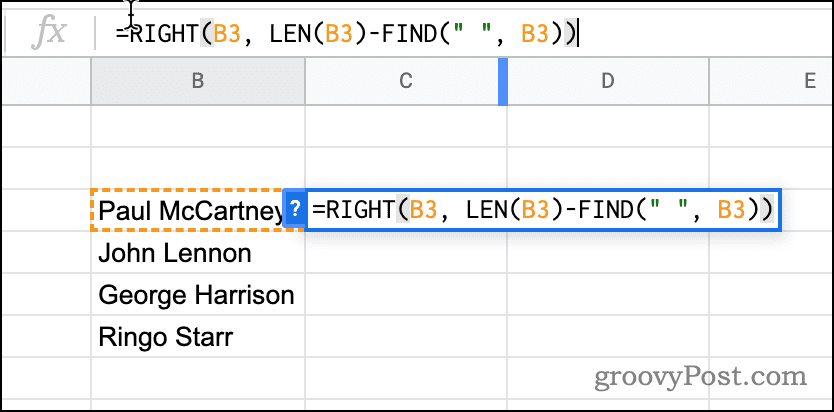 Eine Formel mit RECHTS in Google Sheets