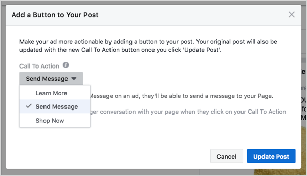 Auswahl der Facebook Messenger-Schaltfläche bei der Anzeigenerstellung.