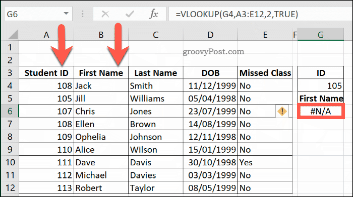 Ein weiteres Beispiel für einen NA-Fehler mit VLOOKUP in Excel, weil ein Datenbereich nicht richtig sortiert wurde