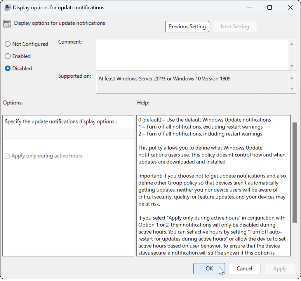 Deaktivieren Sie Update-Benachrichtigungen unter Windows 11