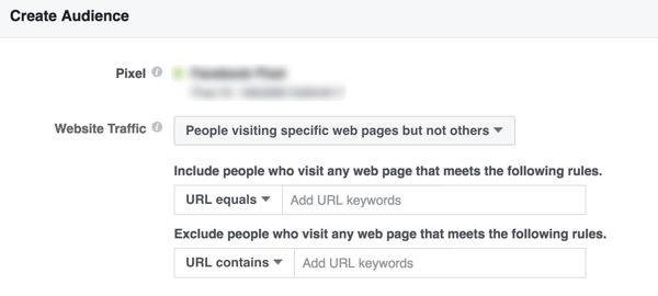 Erstellen Sie eine benutzerdefinierte Facebook-Zielgruppe von Personen, die bestimmte Seiten Ihrer Website besuchen.