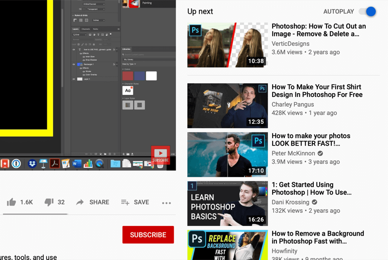 Bildschirm zum Ansehen von YouTube-Videos mit Autoplay-Videos auf der rechten Seite des Bildschirms, empfohlen von YouTube basierend auf dem, was angesehen wird