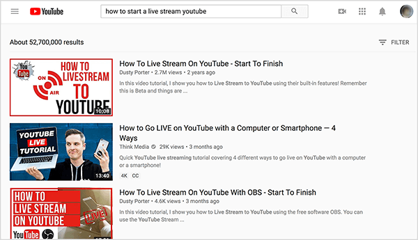 Durchsuchen Sie YouTube nach "So starten Sie einen Live-Stream auf YouTube". Die besten Suchergebnisse zeigen zwei Videos von Dusty Porter.