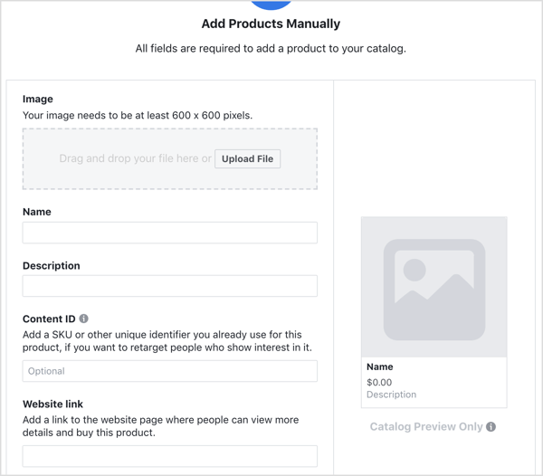 Geben Sie Details ein, um ein Produkt zu Ihrem Facebook-Katalog hinzuzufügen.