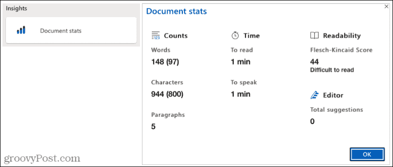 Microsoft Editor Dokumentstatistiken