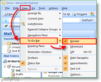 Aufgabenleiste von Outlook 2007 – Passen Sie die Ansicht auf „Normal“ an