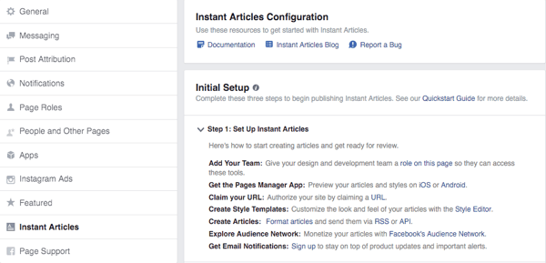 Konfigurationsbildschirm für Facebook-Sofortartikel