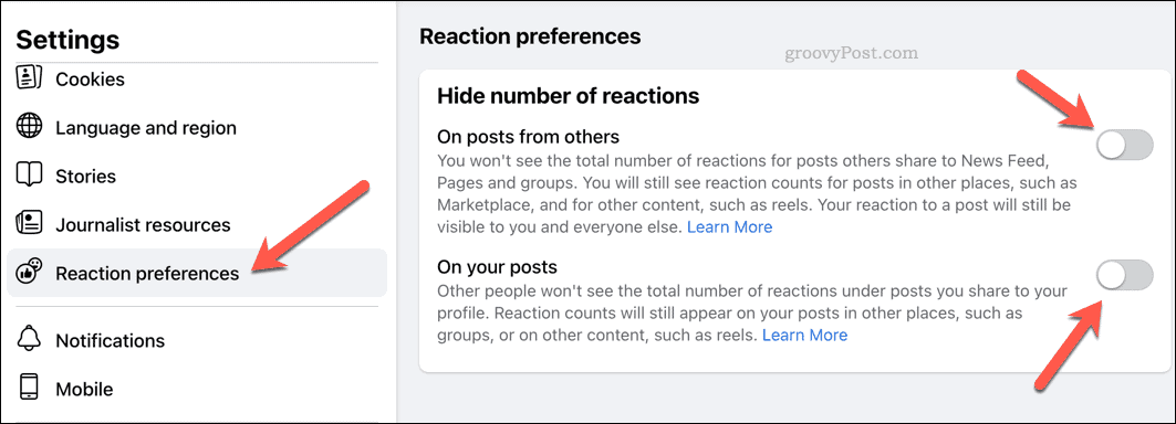 Reaktionseinstellungen auf Facebook ändern