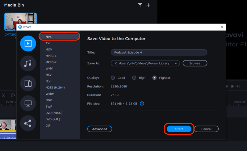 Exportieren Sie die Videodatei in Movavi Video Editor Plus