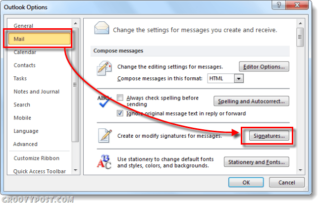 Mail-Signaturen in Outlook 2010-Optionen
