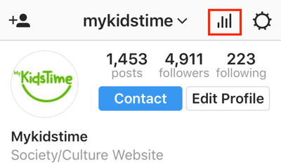 Tippen Sie auf das Balkendiagrammsymbol, um über die Instagram-App auf Instagram Insights zuzugreifen.