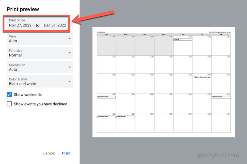 Google Kalender Druckbereich