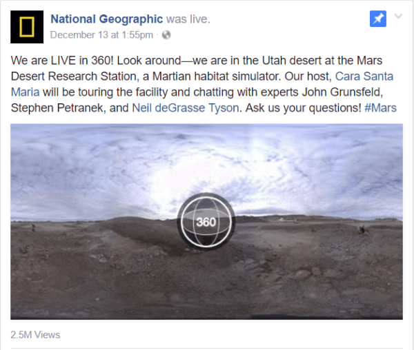 Facebook hat diese Woche ein Live 360-Video mit einem National Geographic-Bericht von der Mars Desert Research Station in Utah veröffentlicht.