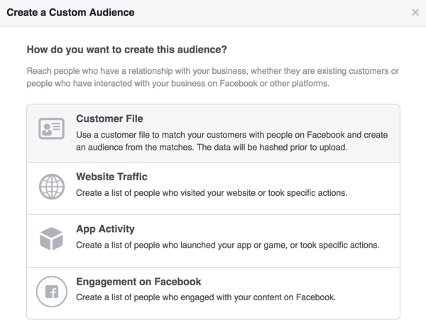 Wählen Sie "Kundendatei", um Ihre benutzerdefinierte Facebook-Zielgruppe von Newsletter-Abonnenten zu erstellen.