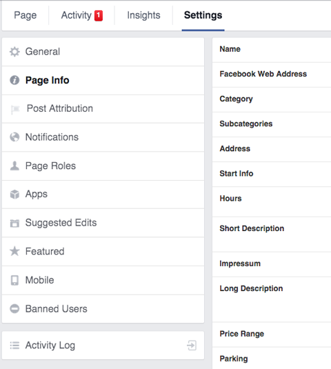 Registerkarte Einstellungen für Facebook-Seiteninformationen