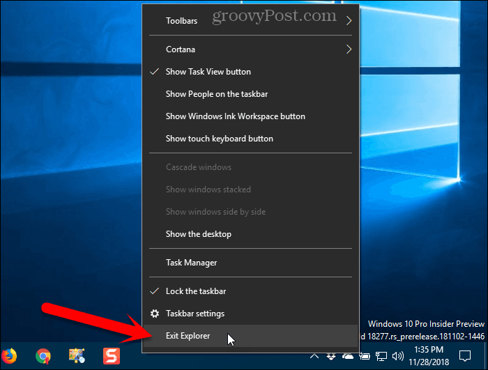 Wählen Sie im Kontextmenü der Taskleiste unter Windows 10 die Option Explorer beenden