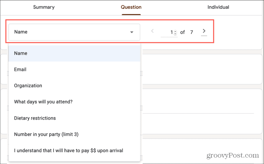 Google Forms-Antworten Frage auswählen