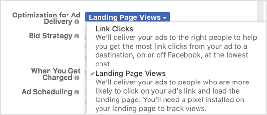Optimieren Sie Ihre Facebook-Anzeigenlieferung für Landing Page Views.