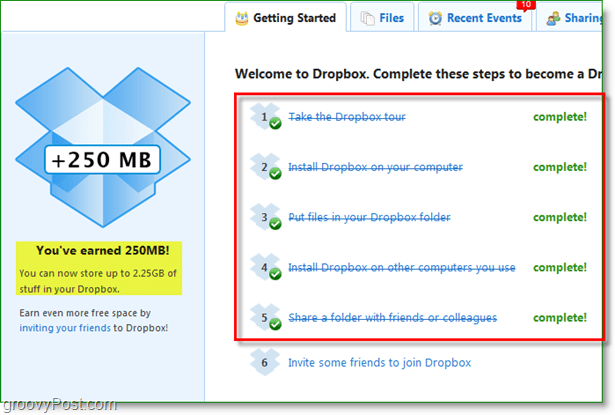 Dropbox-Screenshot - 250 MB Speicherplatz werden schnell belohnt