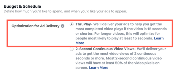 Facebook ThruPlay-Optimierung für Videoanzeigen, Schritt 2.