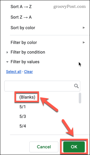 Leerzeichen in Google Sheets filtern