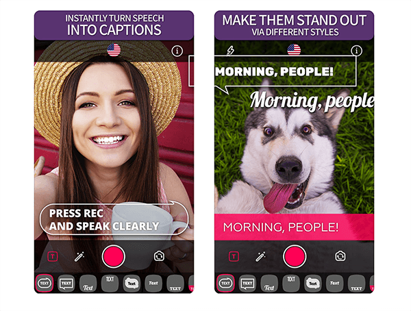 Dies ist ein Screenshot von Clipomatic-App-Standbildern aus dem iTunes Store. Die erste zeigt noch, wie die App Sprache in Untertitel umwandelt. Die App-Kamera zeigt eine weiße, braunhaarige Frau, die einen Strohhut trägt und in die Kamera lächelt. In der Bildschirmanweisung der App wird über einem leuchtend rosa Kreis "Pres Rec and Speak Clear" angezeigt. Die zweite zeigt noch, wie Sie verschiedene Stile auf die Beschriftungen anwenden können. Die App-Kamera zeigt einen Hund mit heraushängender Zunge. Ein Untertitelstil ist eine rechteckige Sprechblase mit dem Text „Morgen, Leute!“. in allen Kappen. Ein anderer Beschriftungsstil zeigt den Text in einer Skriptschrift an. Am unteren Rand der App werden verschiedene Stiloptionen angezeigt. Goldie Chan verwendet Clipomatic, um gelegentliche tägliche Videos aufzunehmen, die sie auf LinkedIn veröffentlicht.