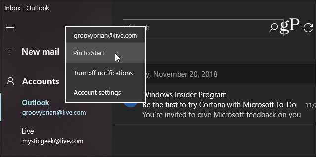 Pin E-Mail Windows 10 Mail-App starten