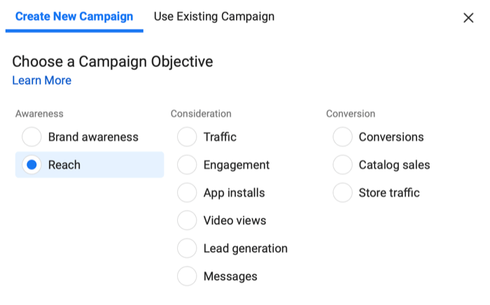 instagram erstellt ein neues Kampagnenmenü mit dem unter Bekanntheit ausgewählten Reichweitenziel