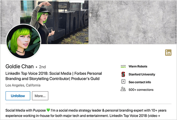 Dies ist ein Screenshot des LinkedIn-Profils von Goldie Chan. Sie ist eine asiatische Frau mit grünen Haaren. Auf ihrem Profilfoto trägt sie Make-up, eine schwarze Chokerhalskette und ein schwarzes Hemd. Ihr Slogan lautet „LinkedIn Top Voice 2018: Social Media | Forbes Personal Branding und Storytelling Contributor | Produzentengilde “