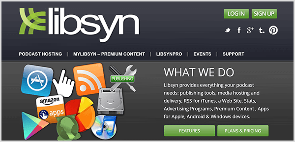 Chris Brogan verwendet Libsyn, um die Audiodateien für sein Alexa-Flash-Briefing zu hosten. Die Libsyn-Website enthält Navigationselemente für Podcast-Hosting, Premium-Inhalte, Pro-Funktionen, Veranstaltungen und Support.