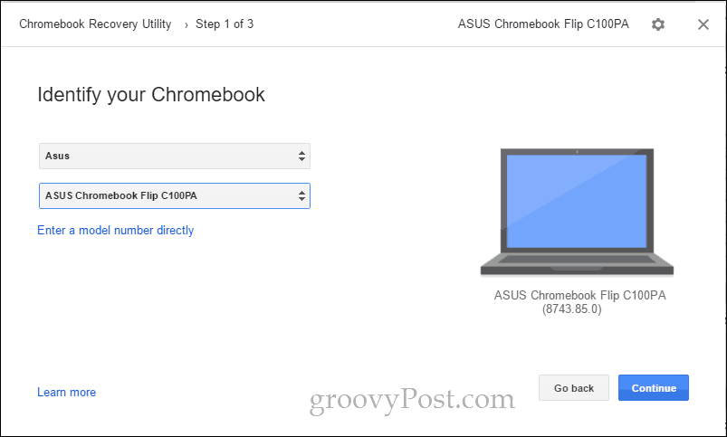 Chromebook Recovery Utility Modell auswählen