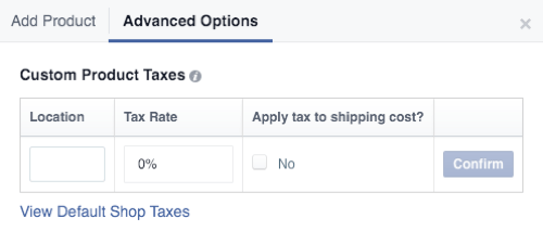 Facebook Shop benutzerdefinierte Produktsteuern