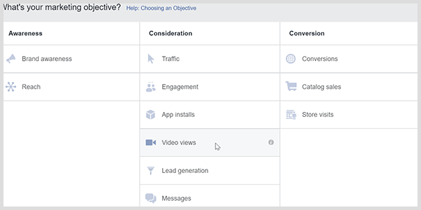 Der Facebook Ads Manager verfügt über ein Ziel für Videoansichten, mit dem Facebook aufgefordert wird, Personen anzusprechen, die Videos ansehen.