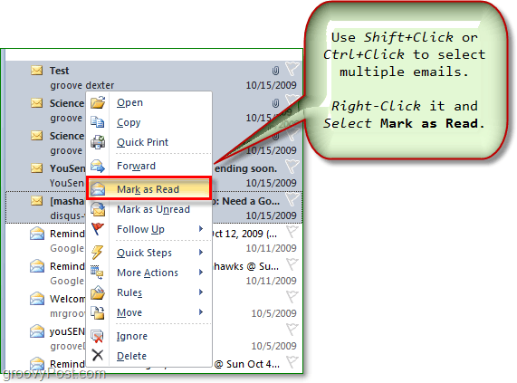 Wählen Sie mehrere E-Mails aus und markieren Sie mehrere E-Mails in Outlook Office 2010 als gelesen oder ungelesen