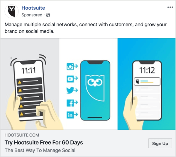 Die Nachrichten in der Facebook-Anzeige von Hootsuite sind klar und präzise. 