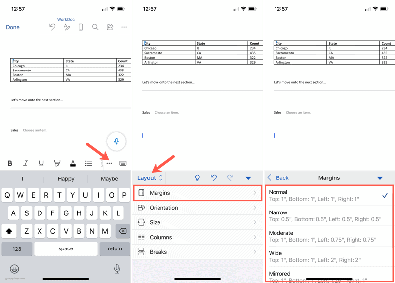 Ränder in Word auf Mobilgeräten ändern