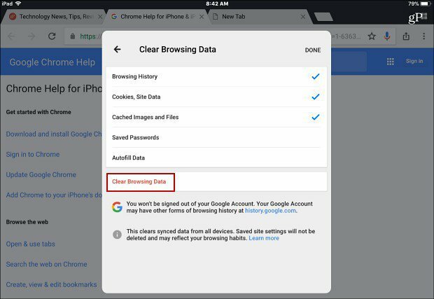 Löschen Sie das Durchsuchen von Daten Chrome App iOS