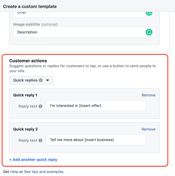 So zielen Sie mit Facebook Messenger-Anzeigen auf warme Leads ab, Schritt 13, Beispieloptionen für benutzerdefinierte Vorlagen für Kundenaktionen für Messenger-Ziele