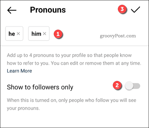 Hinzufügen von Pronomen zu einem Instagram-Profil