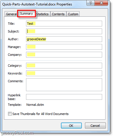 Auf der Registerkarte „Zusammenfassung“ können Sie erweiterte Dokumenteigenschaften in Word 2010 bearbeiten