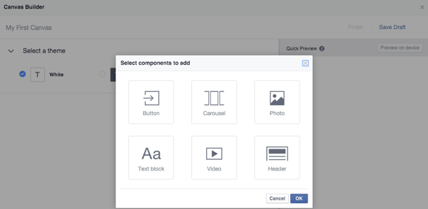 Komponententypen des Facebook Canvas Builder