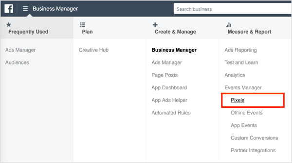 Öffnen Sie zum Installieren des Facebook-Pixels den Business Manager und wählen Sie Pixel aus. 
