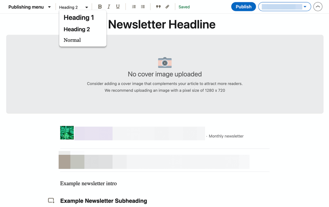 Bild des Dropdown-Menüs „Überschrift“ auf dem Bildschirm „Newsletter erstellen“ auf LinkedIn
