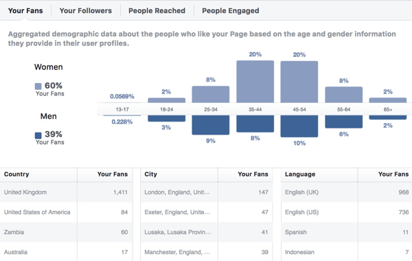 Demografische Daten der Facebook Insights-Zielgruppe.