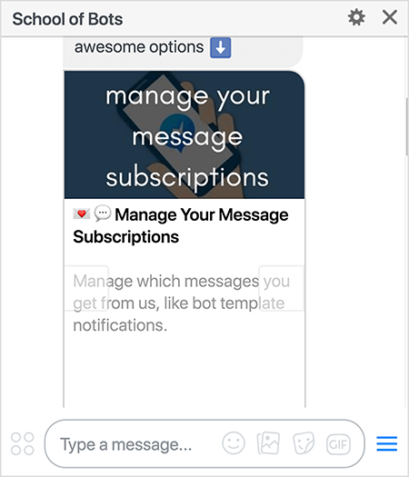 Dies ist ein Screenshot des School of Bots Messenger-Bots, der eine Option zum Verwalten Ihrer Nachrichtenabonnements zeigt. Der Text lautet „Verwalten Sie Ihre Nachrichtenabonnements. Verwalten Sie, welche Nachrichten Sie von uns erhalten, z. B. Benachrichtigungen über Bot-Vorlagen. “ Natasha Takahashi sagt, dass Benutzer ihre verwalten können Mit Abonnements können Sie Benutzer nach ihren Vorlieben segmentieren und sicherstellen, dass Ihre Bot-Abonnenten den größtmöglichen Nutzen daraus ziehen Ihr Bot.