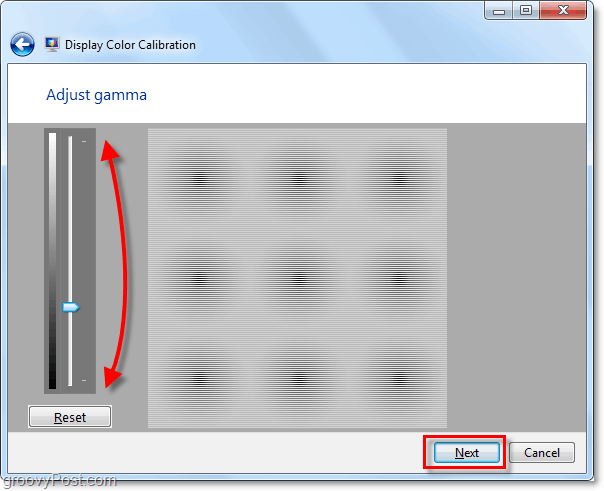 Verwenden Sie die Bildlaufleisten, um Ihr Gamma nach oben und unten zu bewegen, damit es mit dem Bild auf der vorherigen Windows 7-Seite übereinstimmt