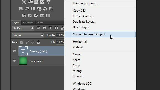 Cheat Photoshop-Textebenen-Transformationen Trick-Ebenen-Panel-Layer konvertieren in Smart-Objekte Smart-Layer Photoshop-Cheat