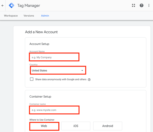 Verwenden Sie Google Tag Manager mit Facebook, Schritt 1, und fügen Sie ein neues Google Tag Manager-Konto hinzu