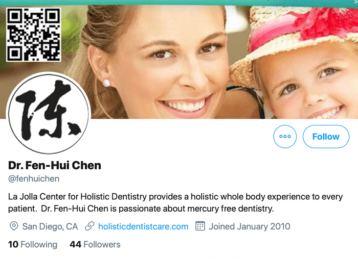 Screenshot des Twitter-Profils für @fenhuichen mit einem Link zu ihrer Website, auf der Kontaktinformationen und Terminbuchungen verfügbar sind
