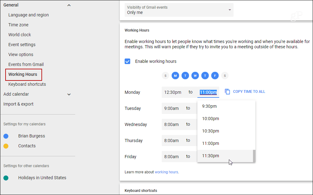 Festlegen der Arbeitszeiten für einzelne Tage Google Kalender
